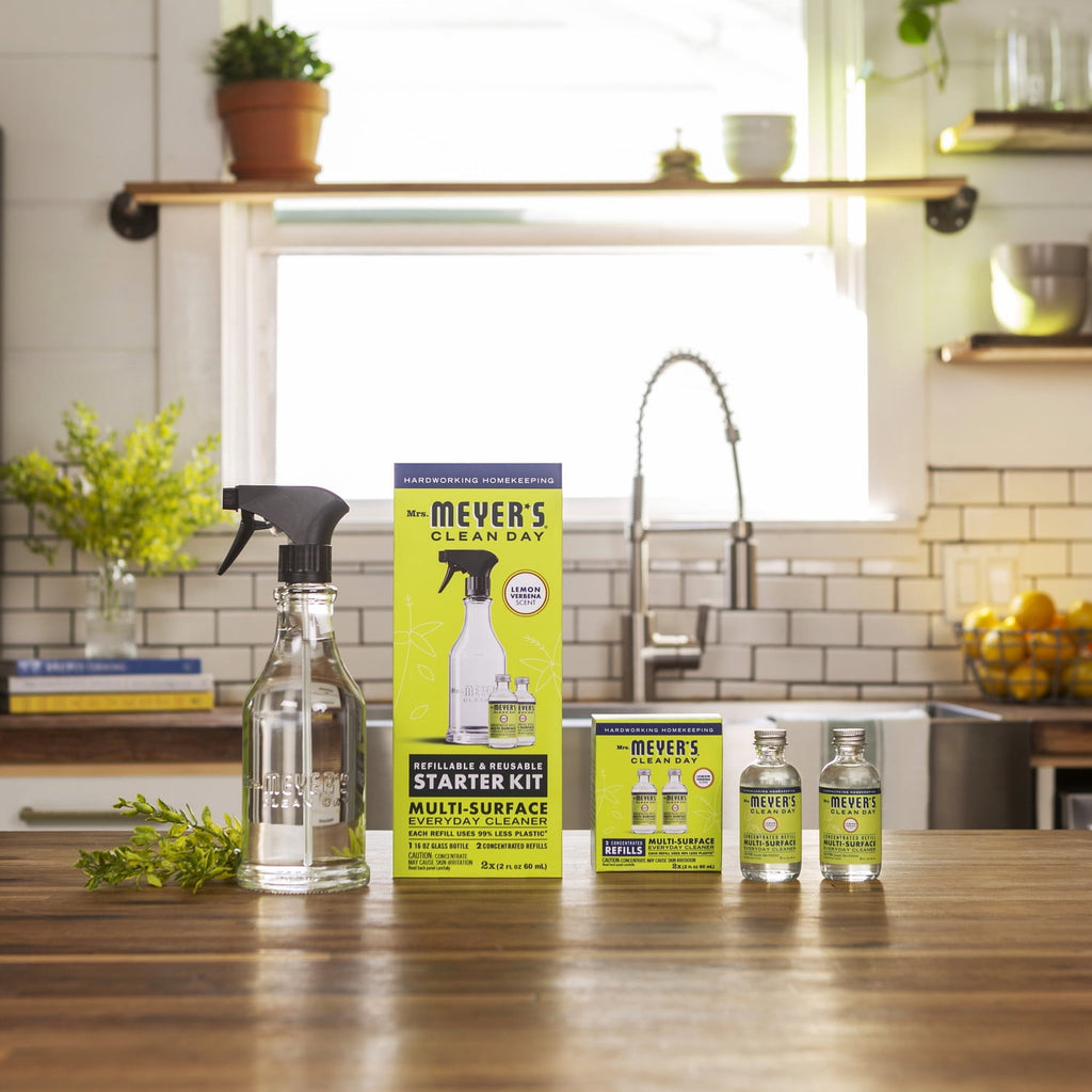 Mrs. Meyer's Clean Day Multi-Surface Everyday Cleaner Concentrate Starter Kit, 1 Glass Dispenser (16 Fl. Oz.) and 2 Concentrated Refills (2 Fl. Oz. each), Lemon Verbena Scent, Makes 32 Fl. Oz.
