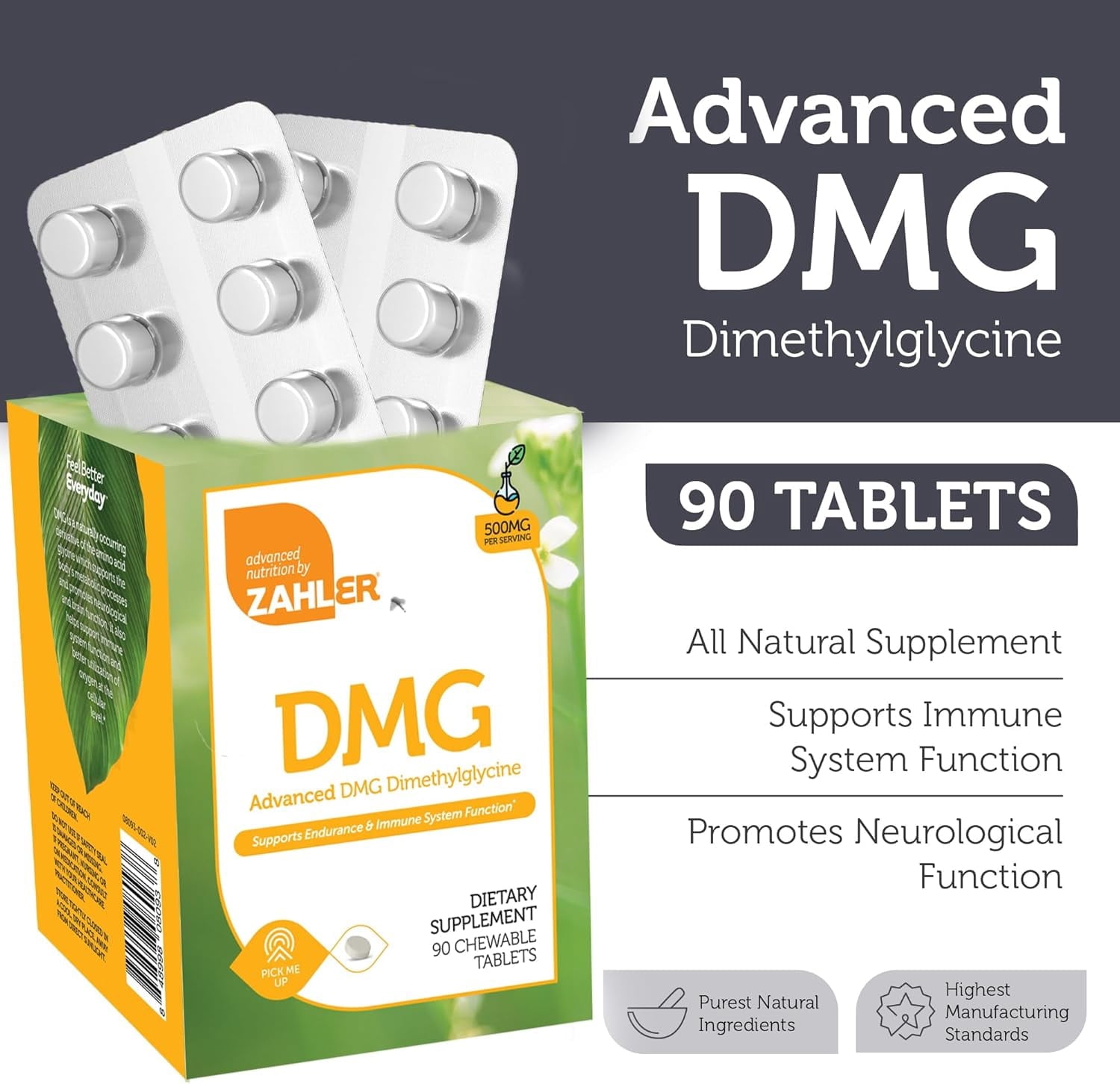 Zahler DMG 500mg - DMG Dimethylglycine Supplement for Endurance &amp; Immune System Support - DMG Supplements with Amino Acid Glycine - Nootropic Brain Supplement - Kosher 1 a Day Tablets 90 Count