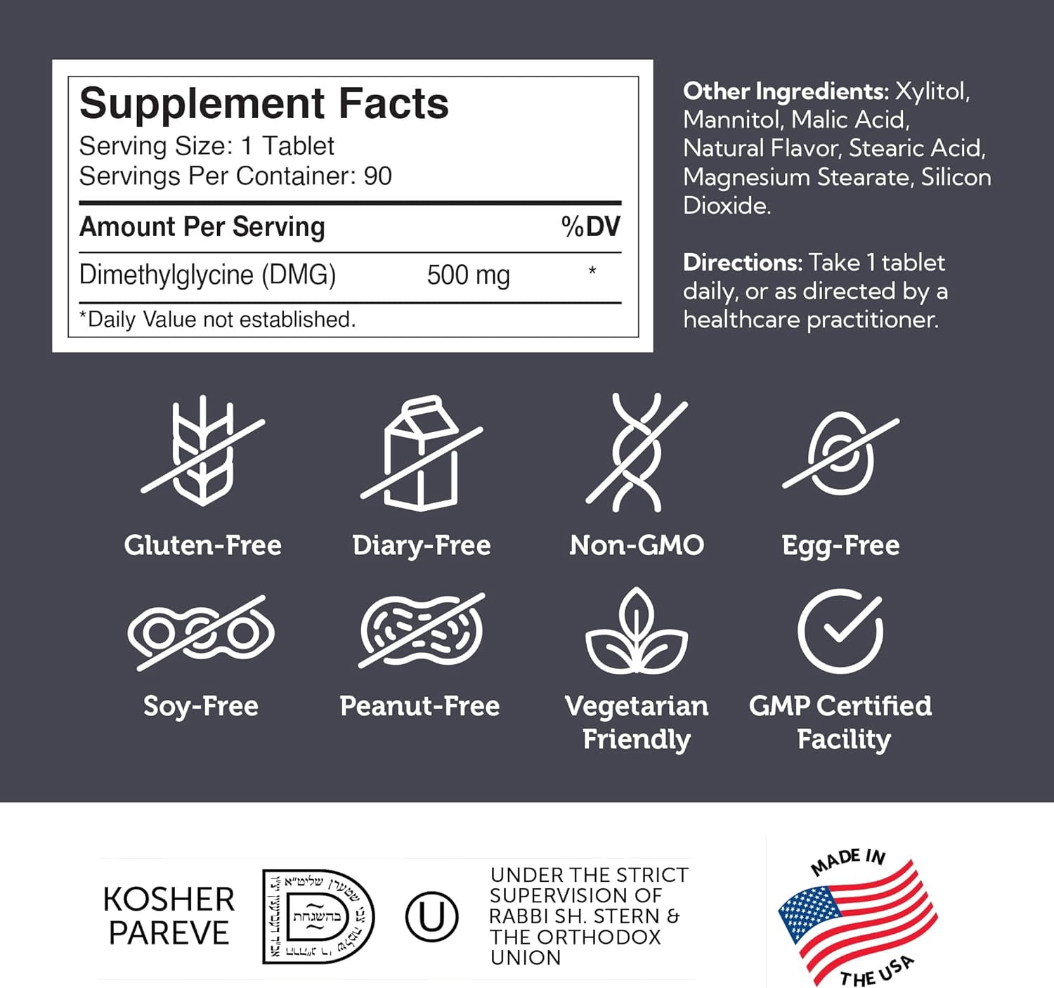 Zahler DMG 500mg - DMG Dimethylglycine Supplement for Endurance &amp; Immune System Support - DMG Supplements with Amino Acid Glycine - Nootropic Brain Supplement - Kosher 1 a Day Tablets 90 Count