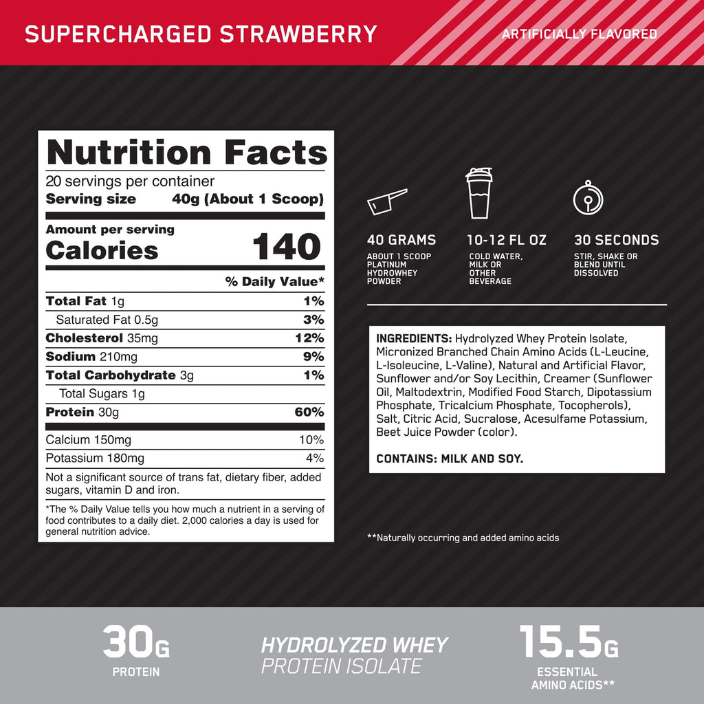 Optimum Nutrition Platinum Hydrowhey Protein Powder, Supercharged Strawberry, 20 Servings