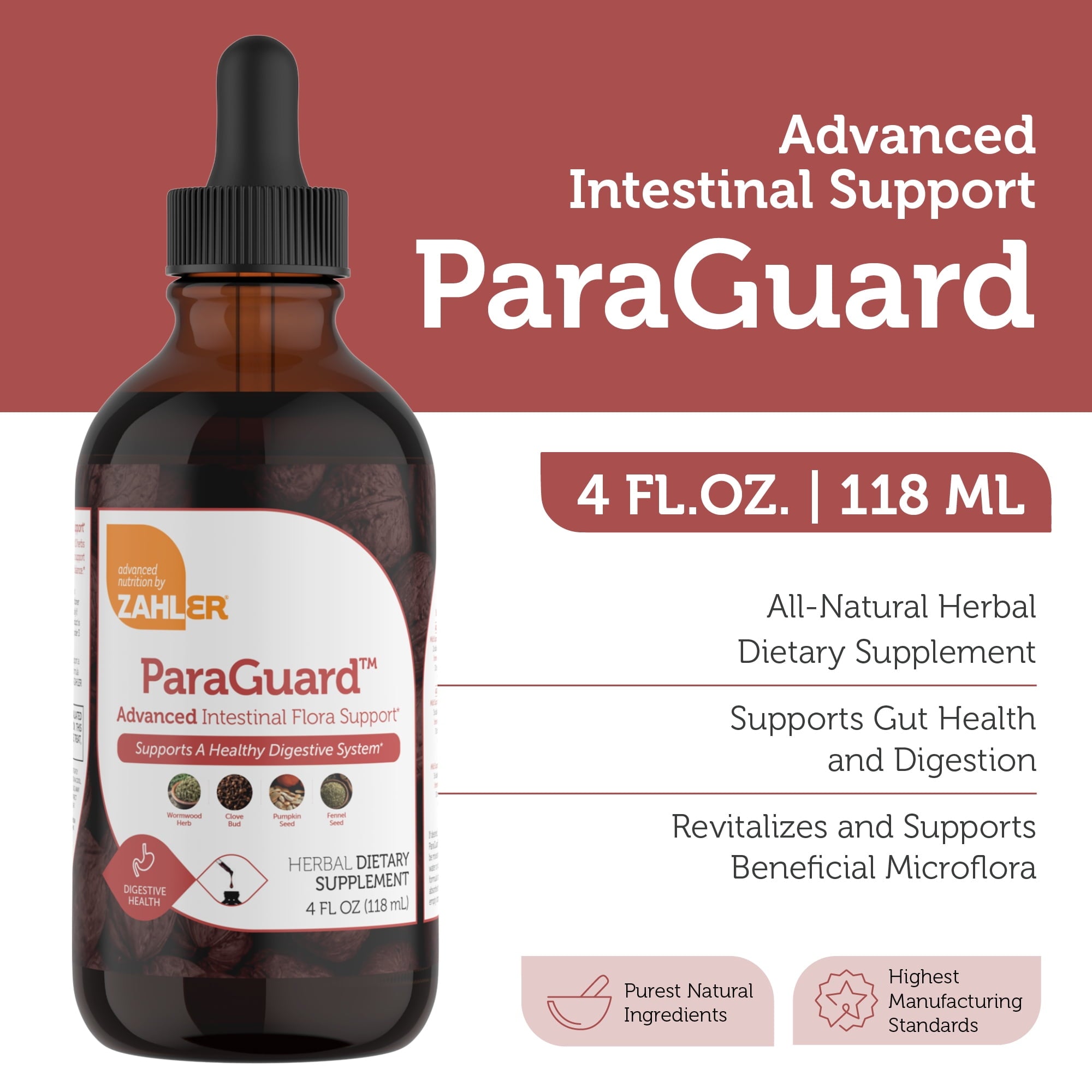Zahler ParaGuard Liquid Drops, 4 Oz, Gut Health Supplement &amp; Detox Cleanse with Wormwood, Garlic, Pumpkin Seed, Clove