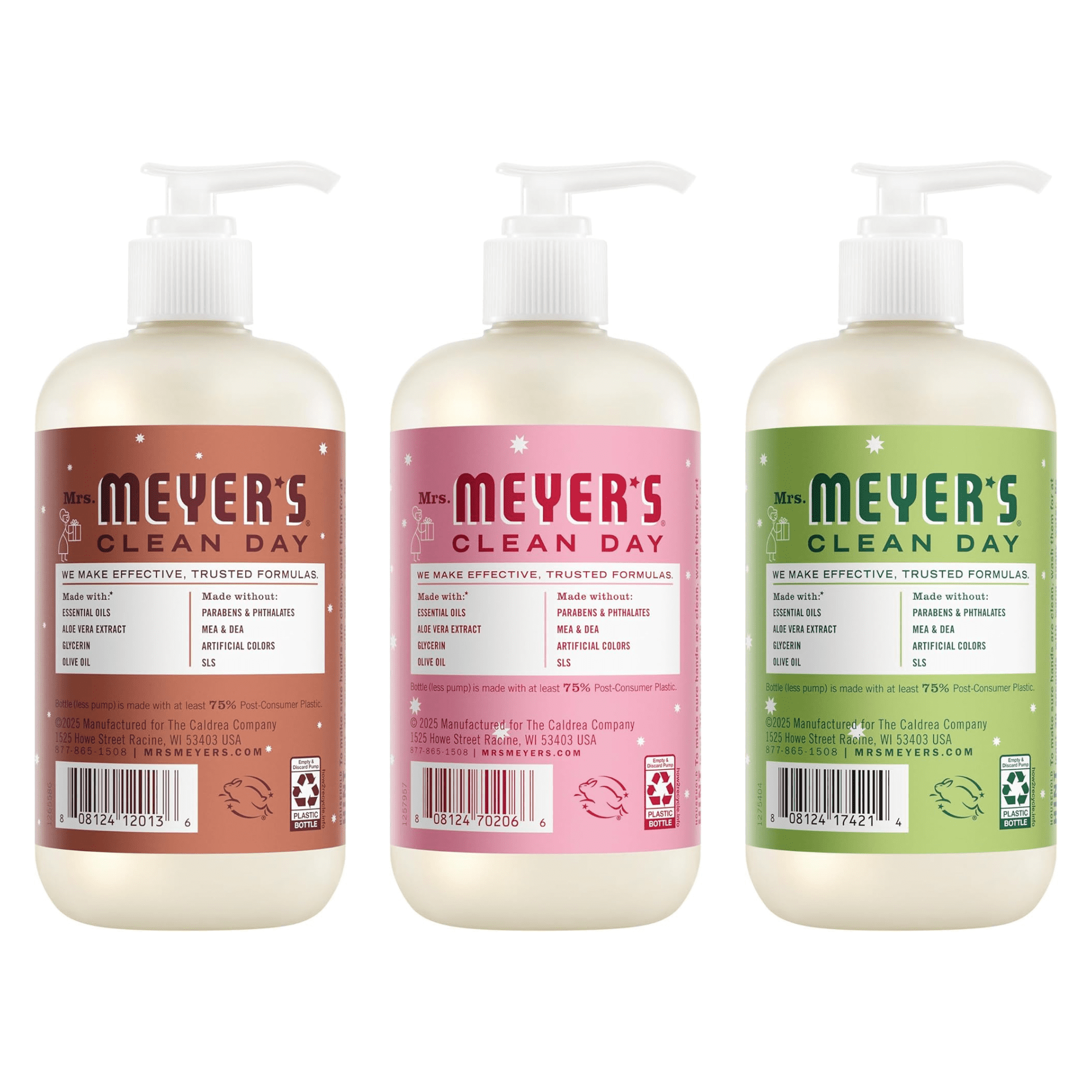 Mrs. Meyer's Clean Day Liquid Hand Soap Holiday Set, Gingerbread, Iowa Pine, Peppermint, 12.5 oz Each, 3 Pack