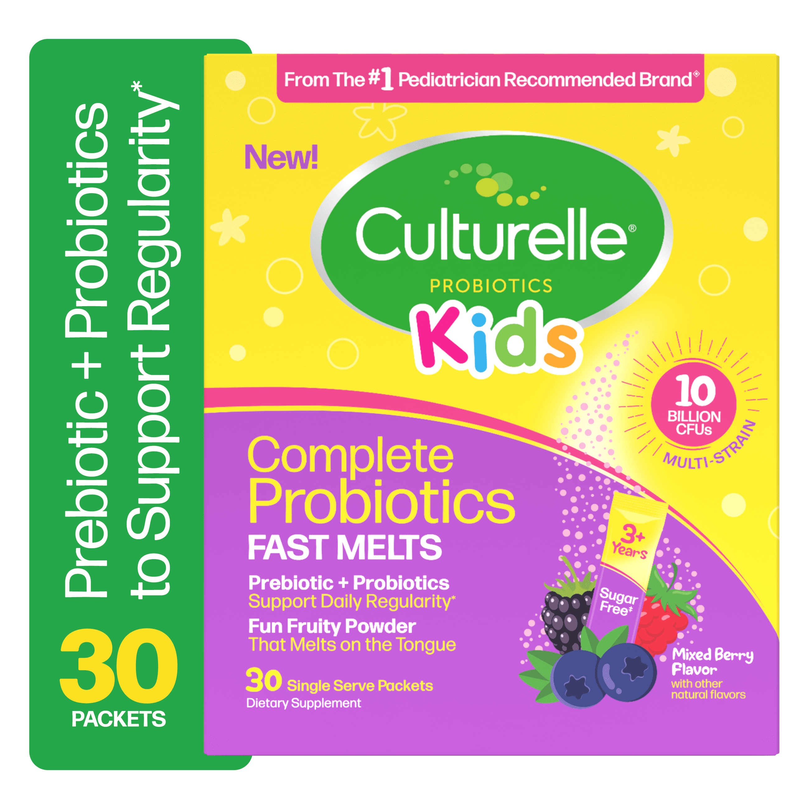 Culturelle Probiotics Kids Complete Probiotics Fast Melts Daily Supplement, Immunity &amp; Digestion Support for Children, Mixed Berry Flavor, 30 Packets