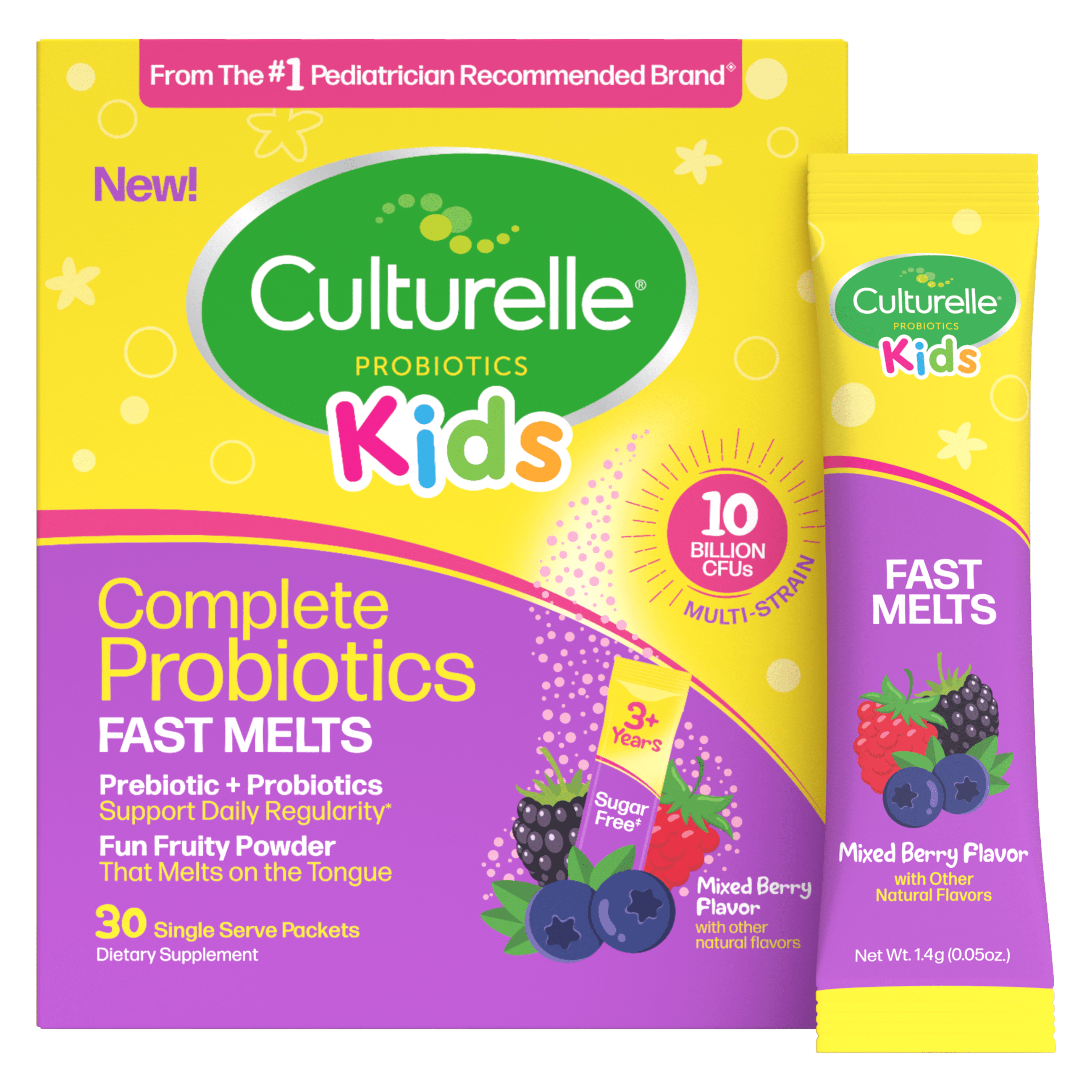 Culturelle Probiotics Kids Complete Probiotics Fast Melts Daily Supplement, Immunity &amp; Digestion Support for Children, Mixed Berry Flavor, 30 Packets