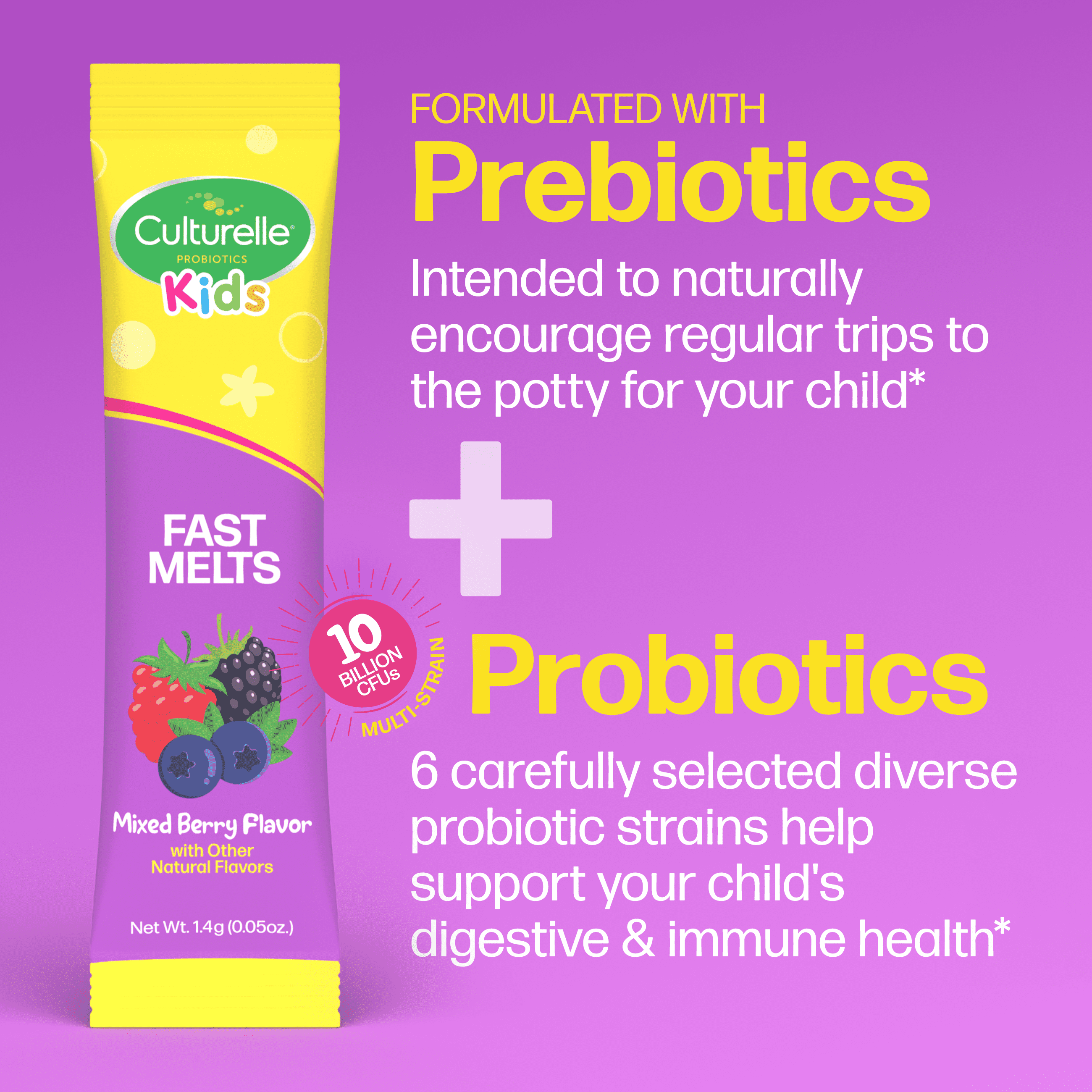 Culturelle Probiotics Kids Complete Probiotics Fast Melts Daily Supplement, Immunity &amp; Digestion Support for Children, Mixed Berry Flavor, 30 Packets