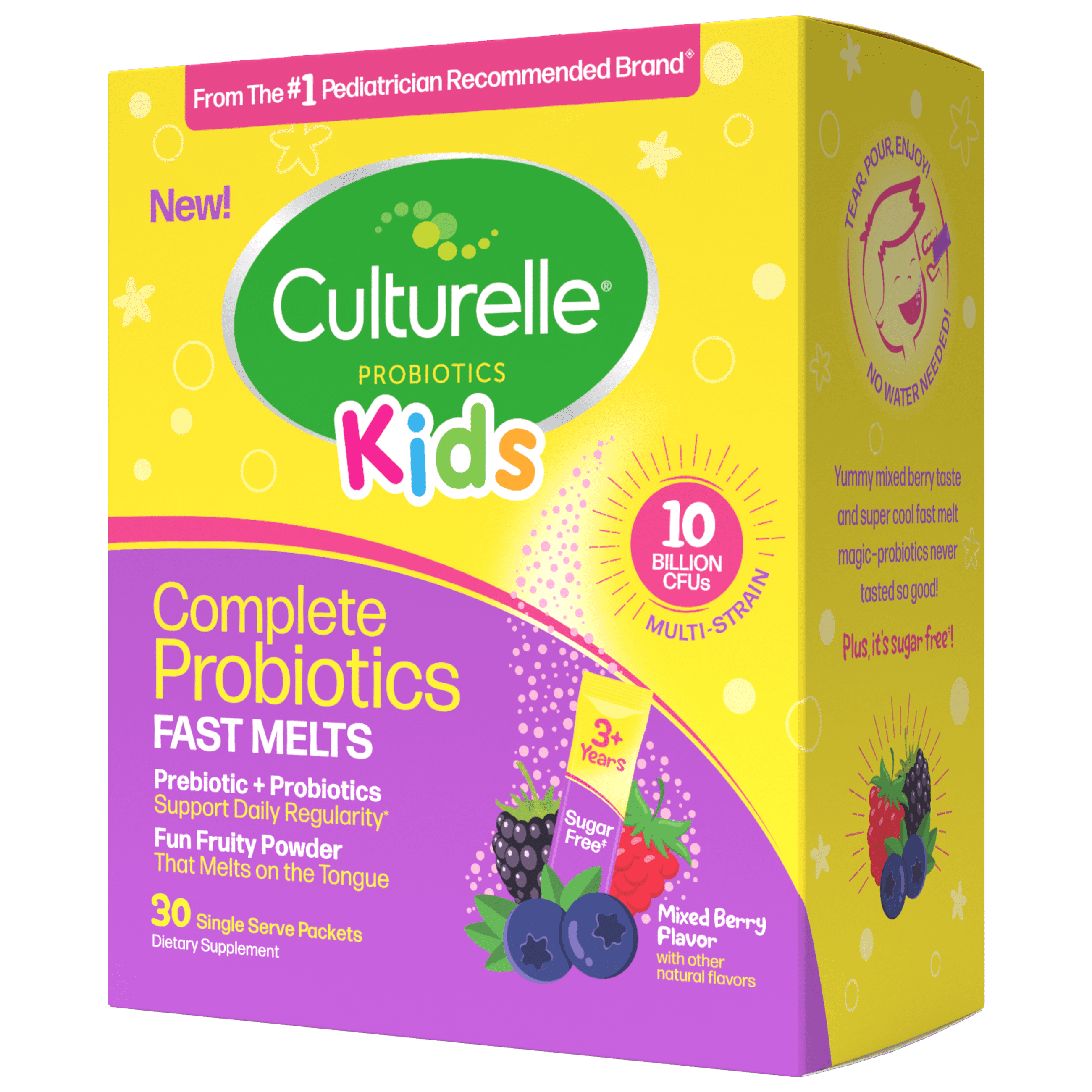 Culturelle Probiotics Kids Complete Probiotics Fast Melts Daily Supplement, Immunity &amp; Digestion Support for Children, Mixed Berry Flavor, 30 Packets