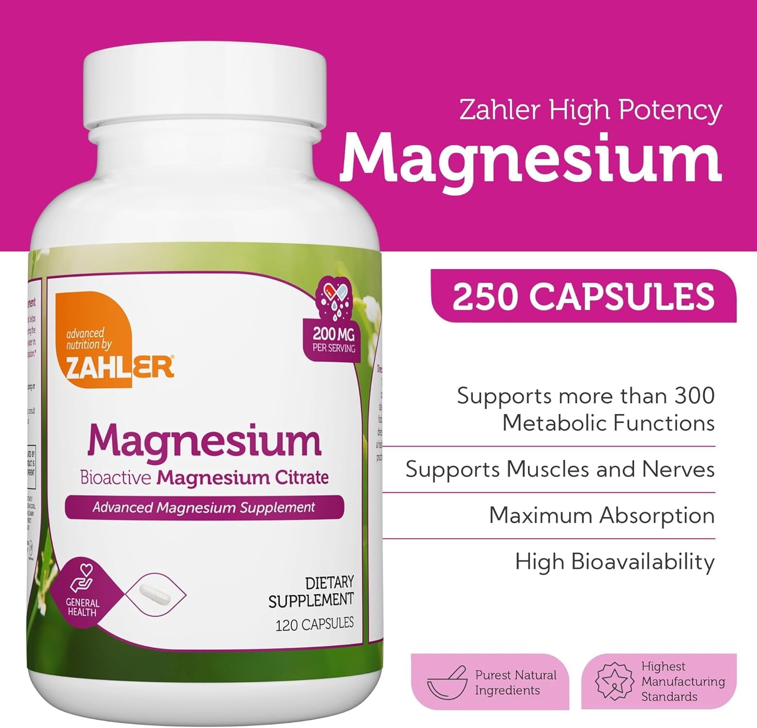 Zahler Magnesium Citrate 200 mg Capsules, Advanced Magnesium Supplements for Muscle &amp; Nerve Health, Bioactive Magnesium, 250 Capsules