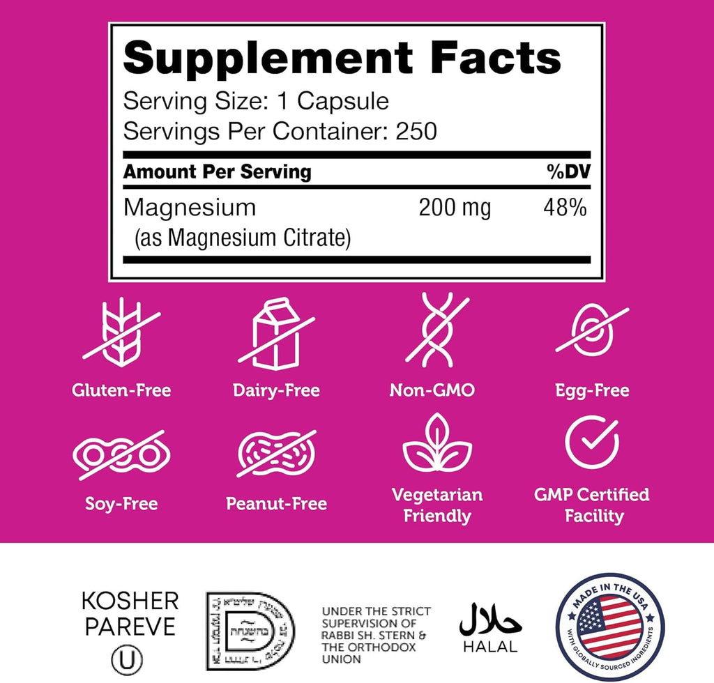 Zahler Magnesium Citrate 200 mg Capsules, Advanced Magnesium Supplements for Muscle &amp; Nerve Health, Bioactive Magnesium, 250 Capsules