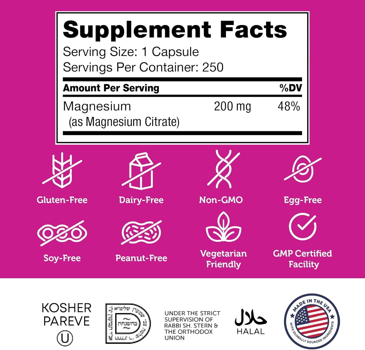 Zahler Magnesium Citrate 200 mg Capsules, Advanced Magnesium Supplements for Muscle &amp; Nerve Health, Bioactive Magnesium, 250 Capsules