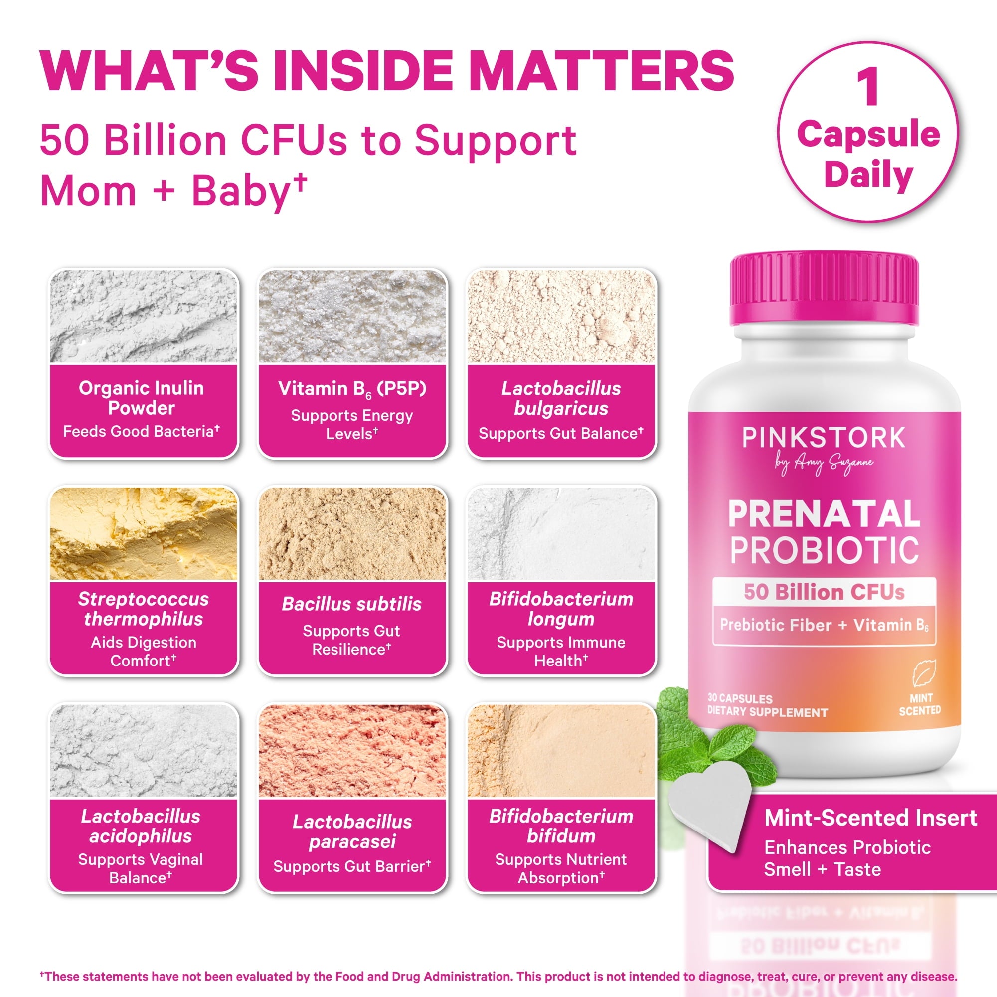 Pink Stork Prenatal Probiotics for Women with Vitamin B6 and Prebiotics- Mint Scented- 30 Capsules