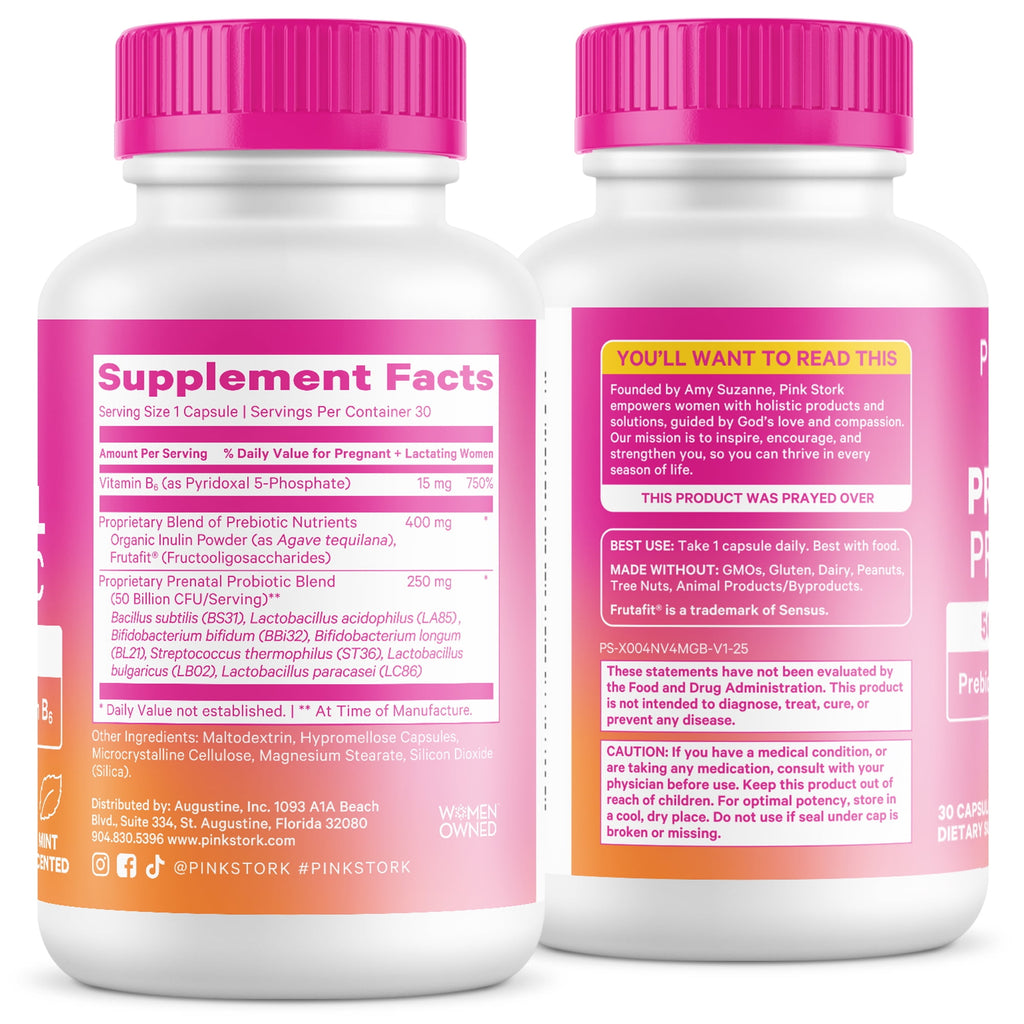 Pink Stork Prenatal Probiotics for Women with Vitamin B6 and Prebiotics- Mint Scented- 30 Capsules