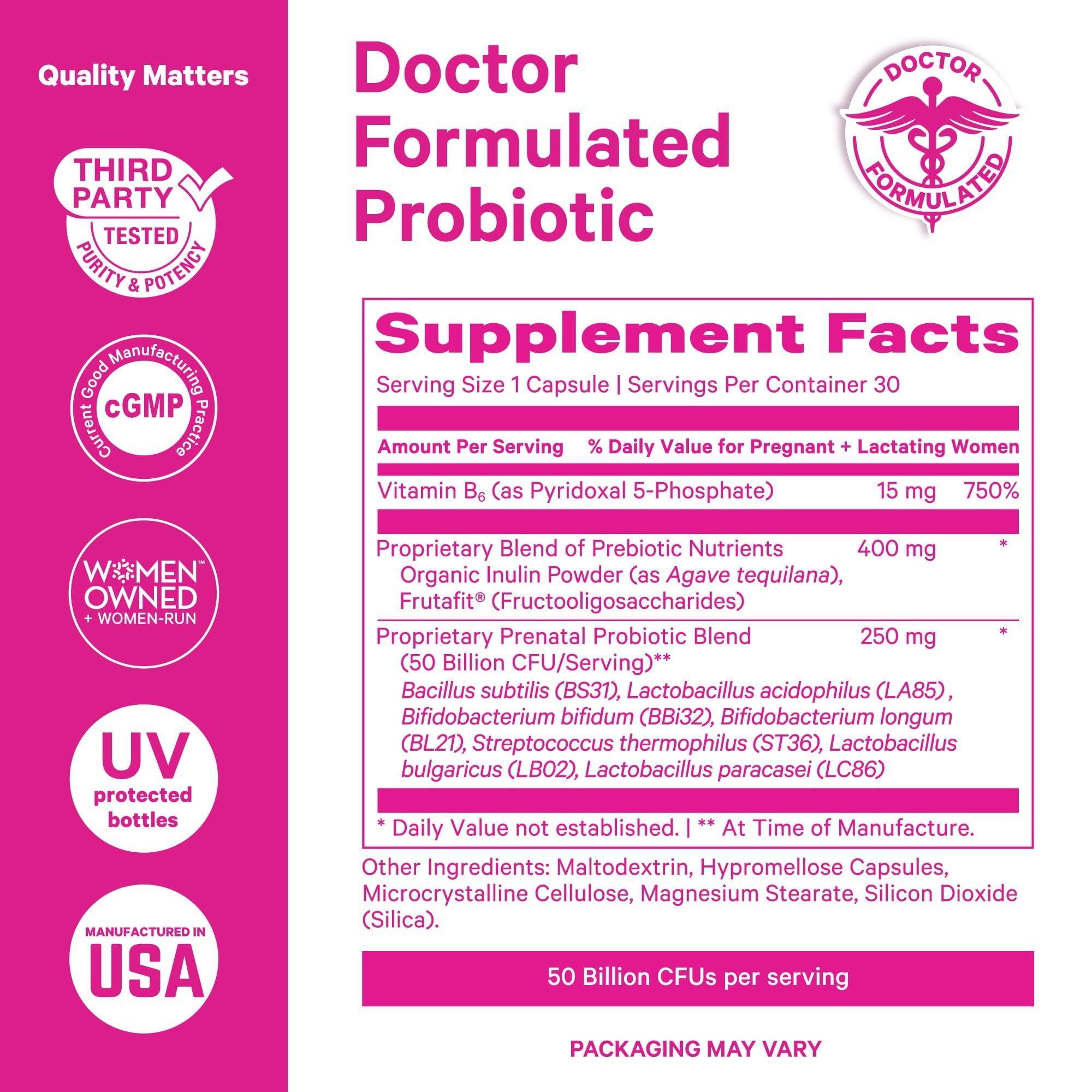 Pink Stork Prenatal Probiotics for Women with Vitamin B6 and Prebiotics- Mint Scented- 30 Capsules