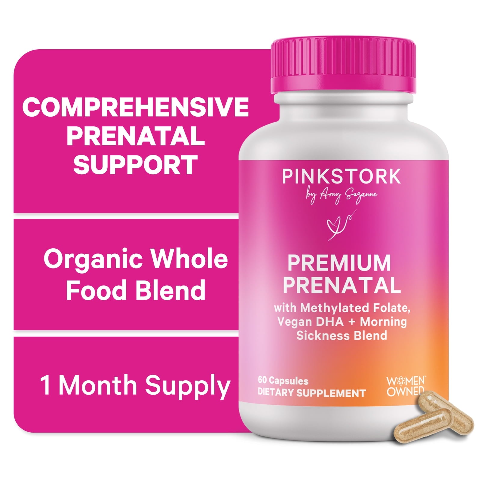Pink Stork Premium Prenatal Multivitamin Supplements with Folate, Probiotics, Biotin - 60 Capsules