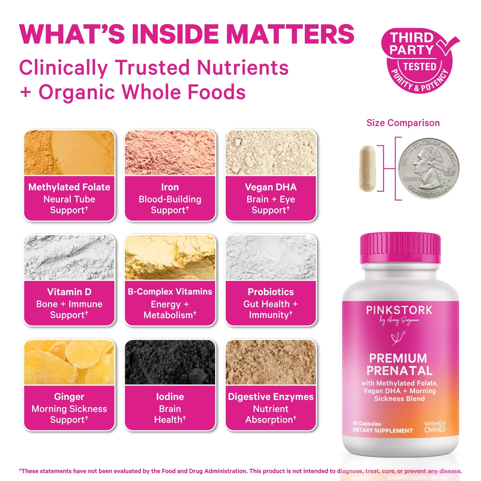 Pink Stork Premium Prenatal Multivitamin Supplements with Folate, Probiotics, Biotin - 60 Capsules