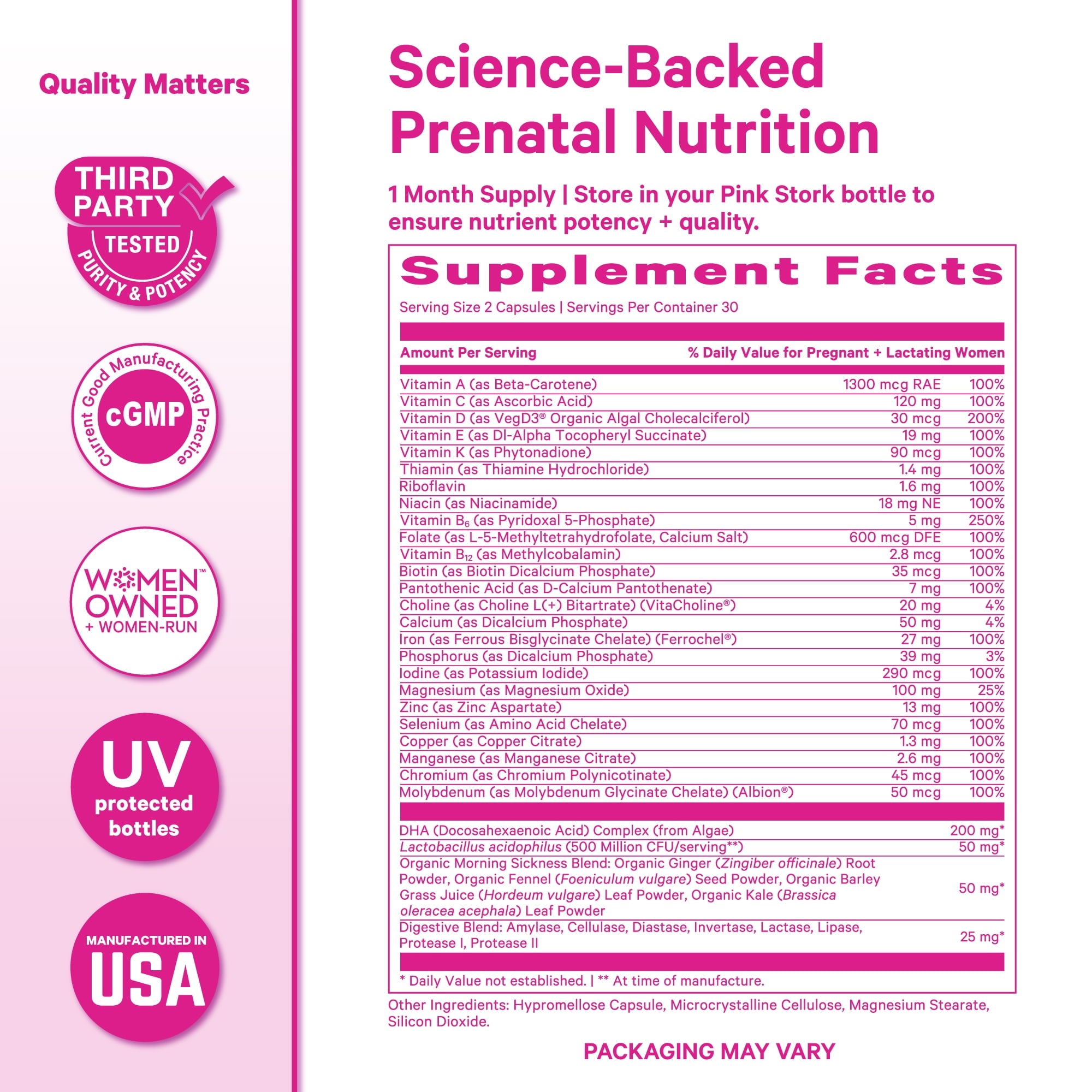 Pink Stork Premium Prenatal Multivitamin Supplements with Folate, Probiotics, Biotin - 60 Capsules