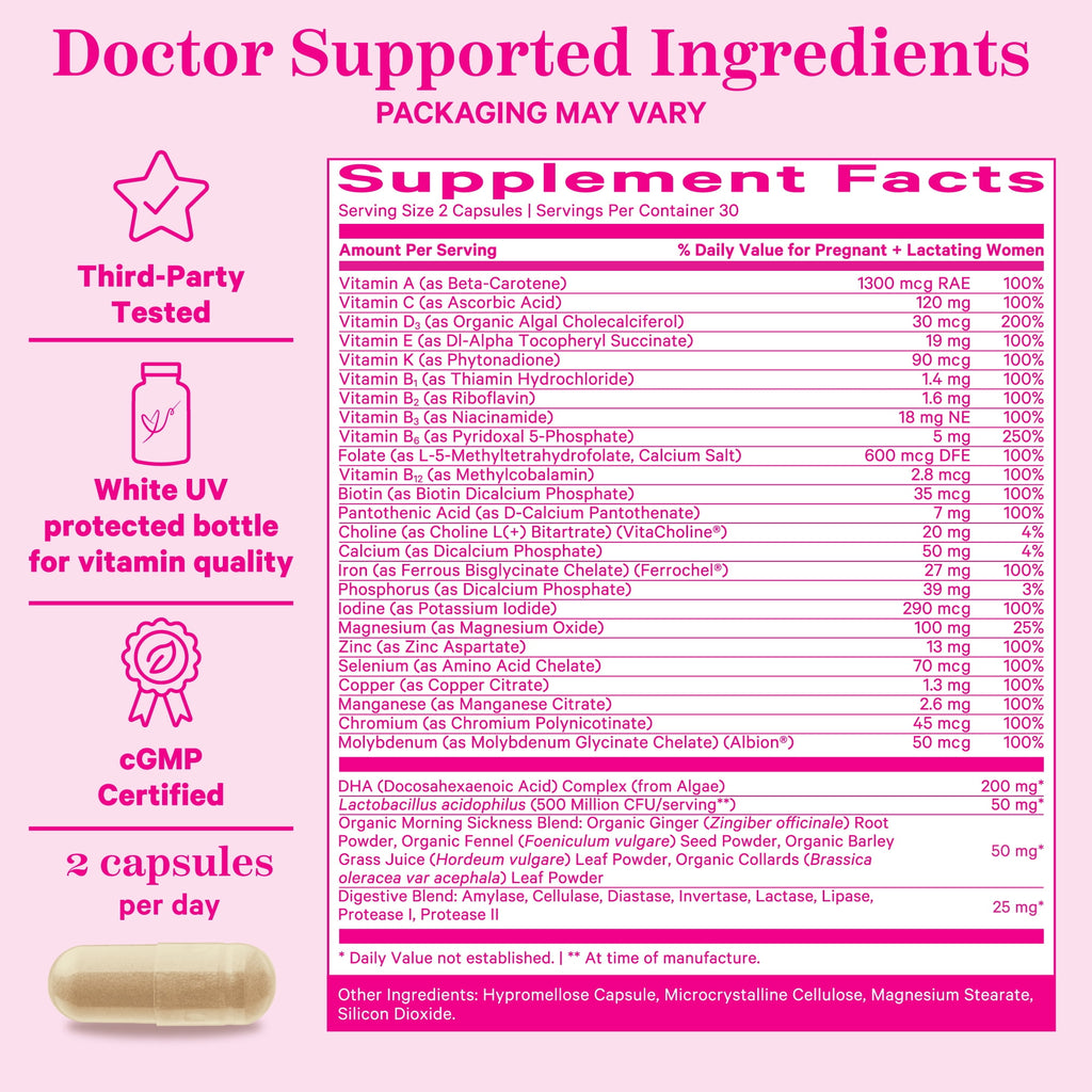 Pink Stork Premium Prenatal Multivitamin Supplements with Folate, Probiotics, Biotin - 60 Capsules