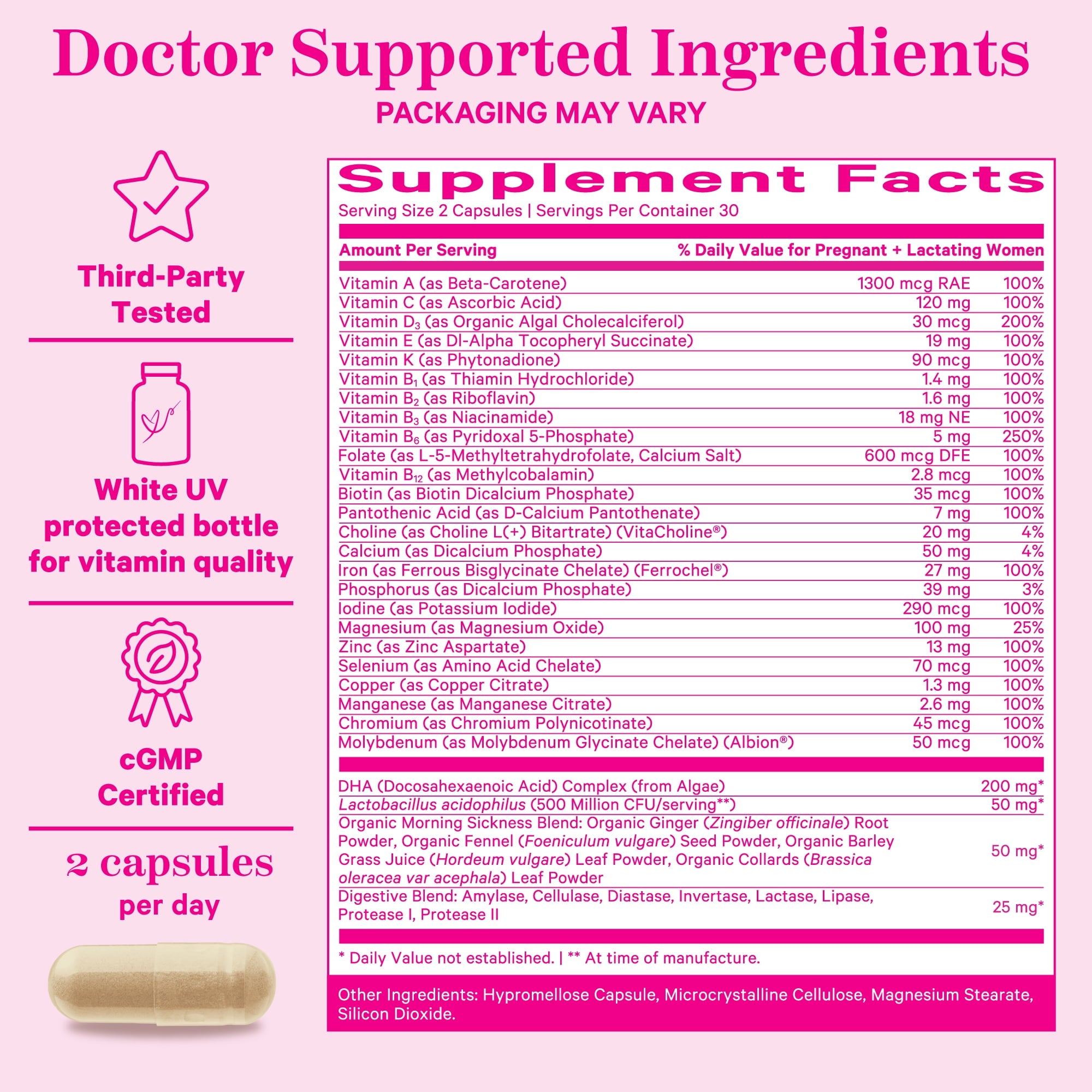 Pink Stork Premium Prenatal Multivitamin Supplements with Folate, Probiotics, Biotin - 60 Capsules