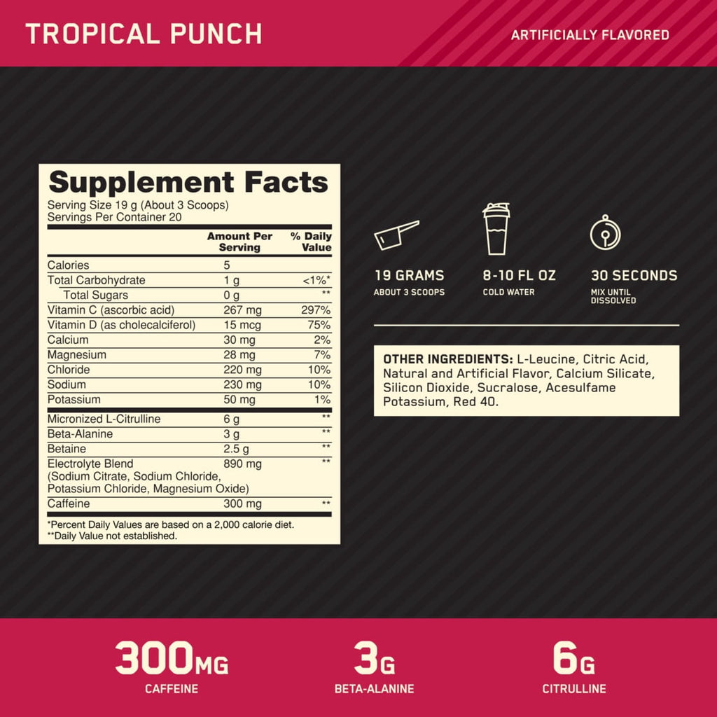 Optimum Nutrition, Pre-Workout Amplifier Powder, Tropical Punch, High Stim, Sugar-Free, Caffeine, 20 Servings