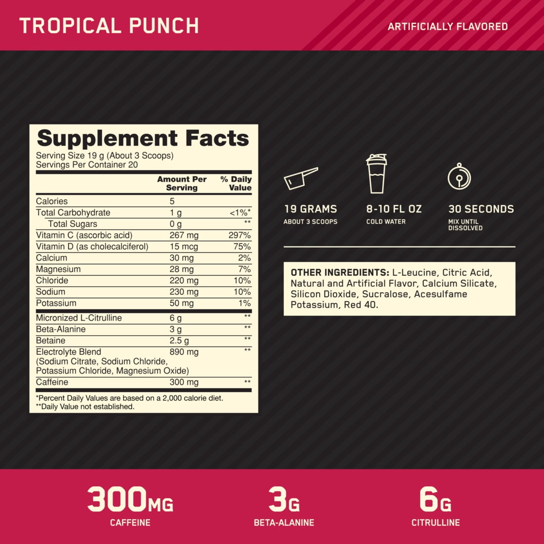 Optimum Nutrition, Pre-Workout Amplifier Powder, Tropical Punch, High Stim, Sugar-Free, Caffeine, 20 Servings