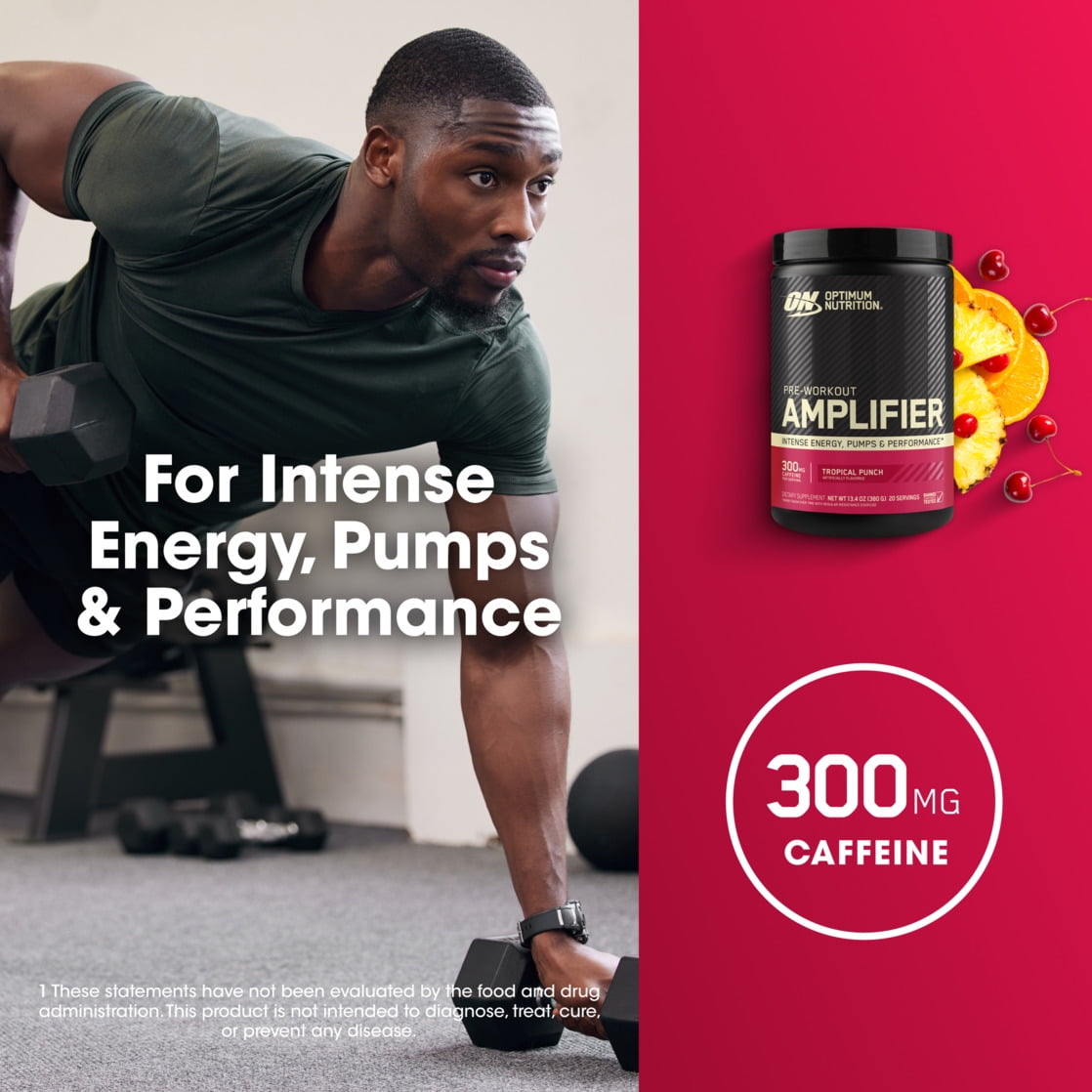 Optimum Nutrition, Pre-Workout Amplifier Powder, Tropical Punch, High Stim, Sugar-Free, Caffeine, 20 Servings