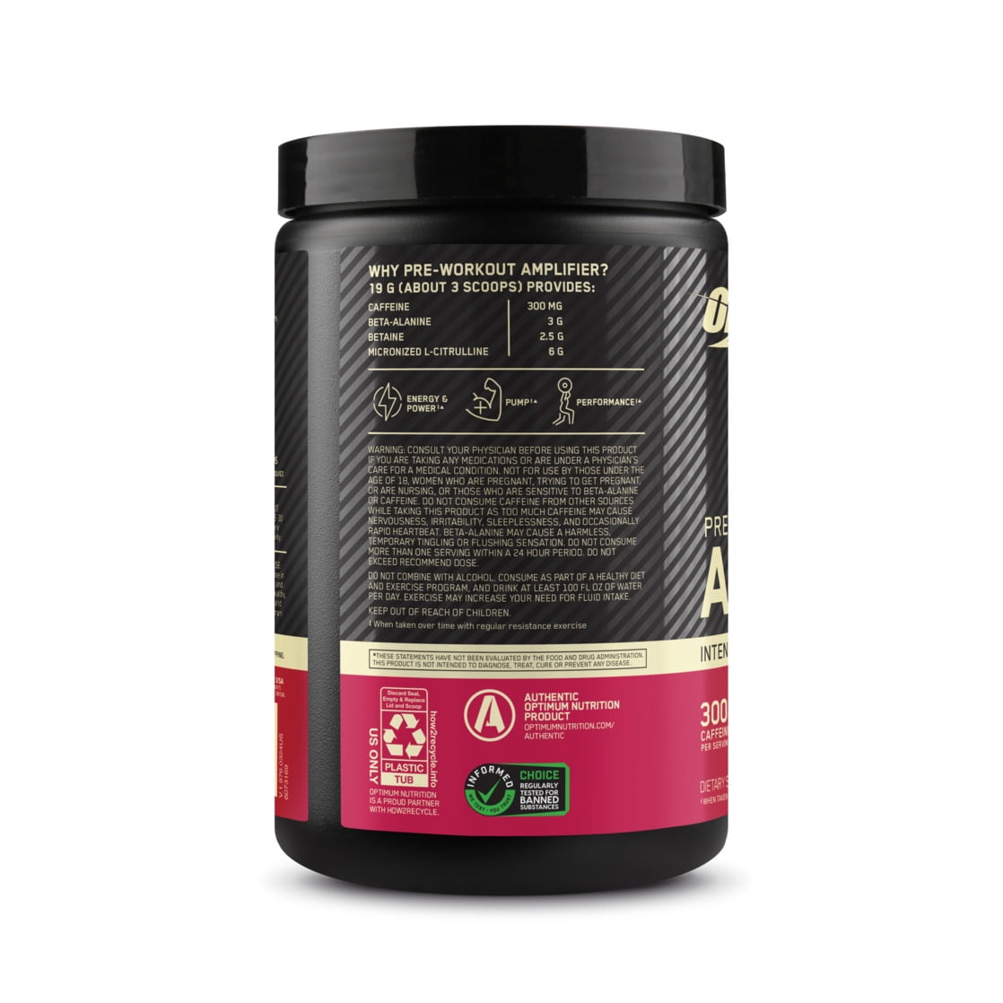Optimum Nutrition, Pre-Workout Amplifier Powder, Tropical Punch, High Stim, Sugar-Free, Caffeine, 20 Servings