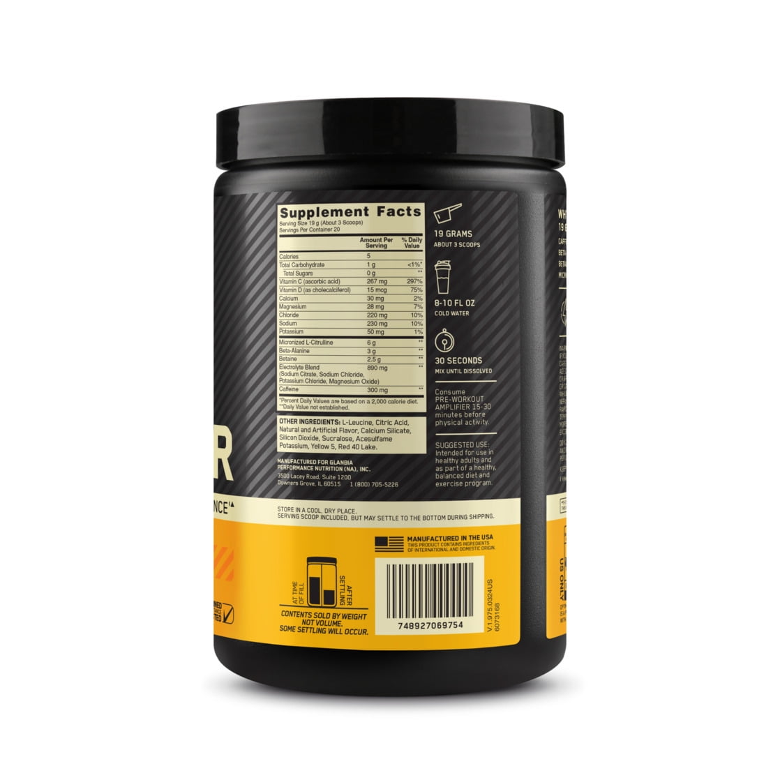 Optimum Nutrition, Pre-Workout Amplifier Powder, Tropical Punch, High Stim, Sugar-Free, Caffeine, 20 Servings