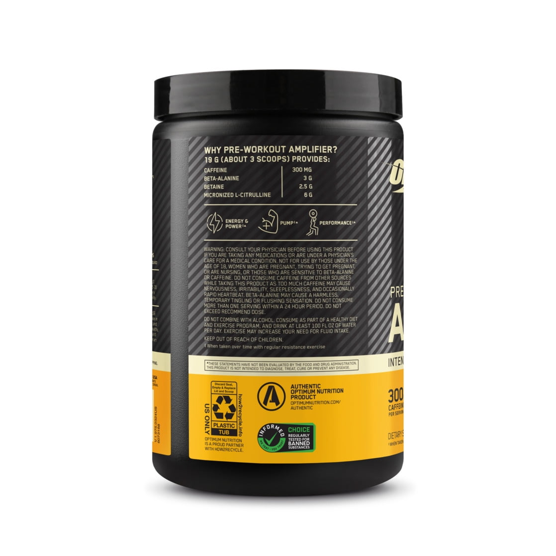 Optimum Nutrition, Pre-Workout Amplifier Powder, Tropical Punch, High Stim, Sugar-Free, Caffeine, 20 Servings