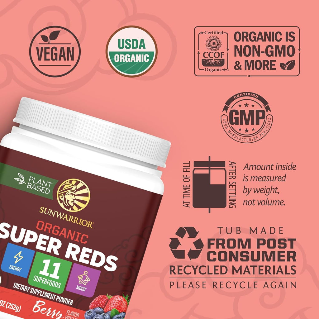 Organic Super Reds Powder 11 Superfoods with Beet Root, Berries, Reishi &amp; Cordyceps, Natural Energy, Circulation &amp; Immune Support – USDA Organic Vegan Non-GMO, Gluten-Free Superfood Drink 28 Serv