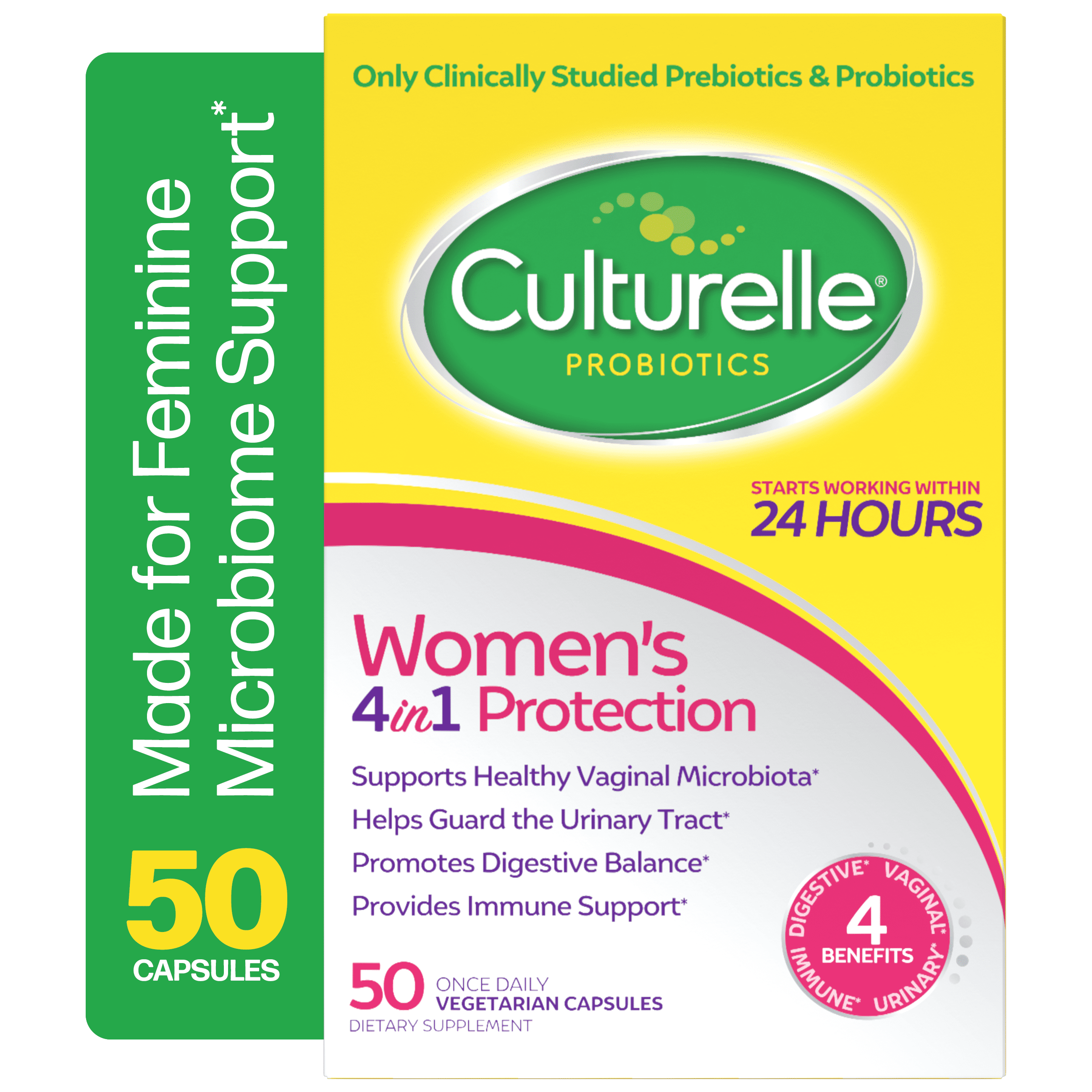 Culturelle Probiotics Women's 4-in-1 Protection Daily Supplement, Made with Prebiotics to Support Vaginal, Digestive, Urinary &amp; Immune Health, 30 Count
