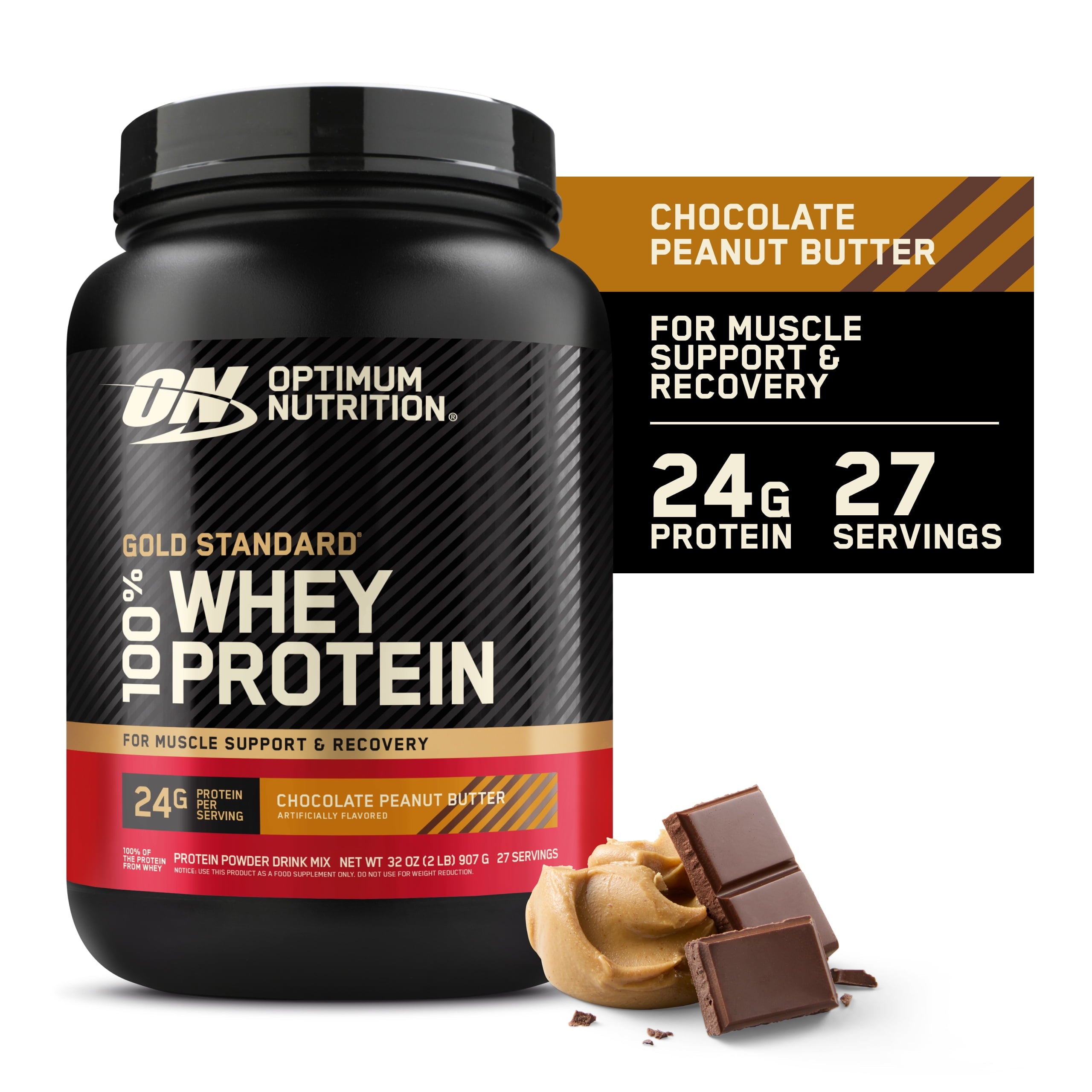 Optimum Nutrition, Gold Standard 100% Whey Protein Powder, 24g Protein, Chocolate Peanut Butter, 2 lb, 30 Servings