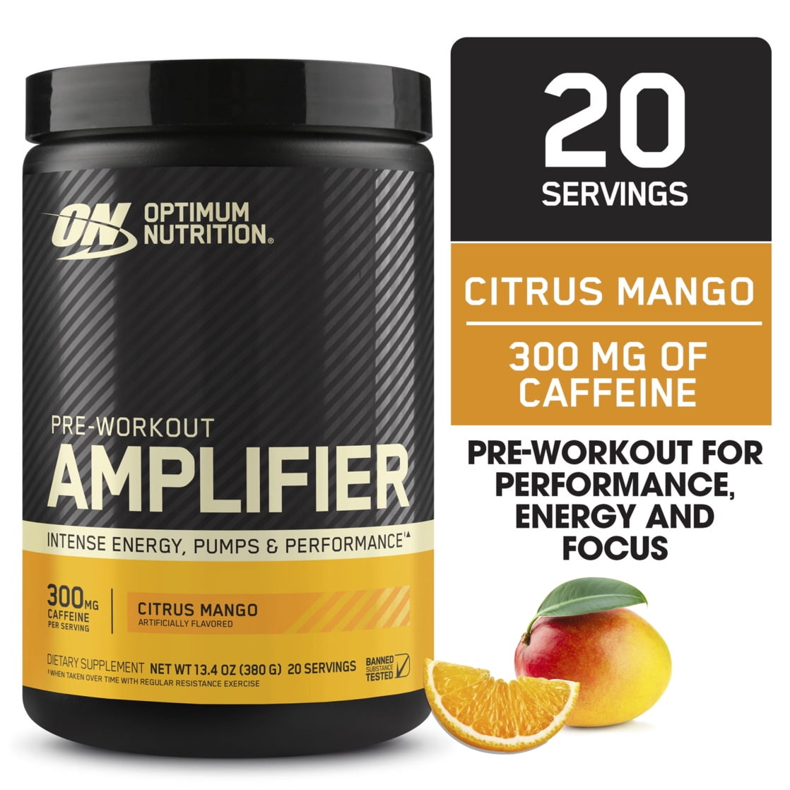 Optimum Nutrition, Pre-Workout Amplifier Powder, Tropical Punch, High Stim, Sugar-Free, Caffeine, 20 Servings
