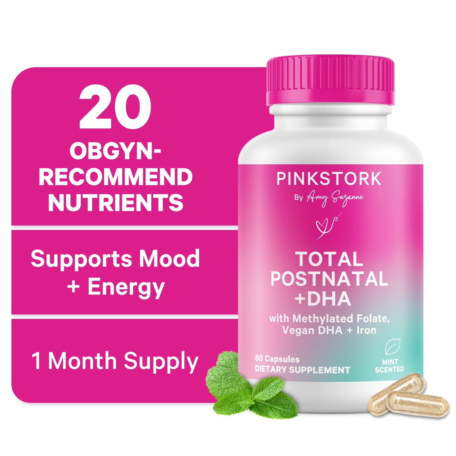 Pink Stork Postnatal Vitamins for Nursing Moms, Maternity, Breastfeeding, Postpartum - 60 Capsules