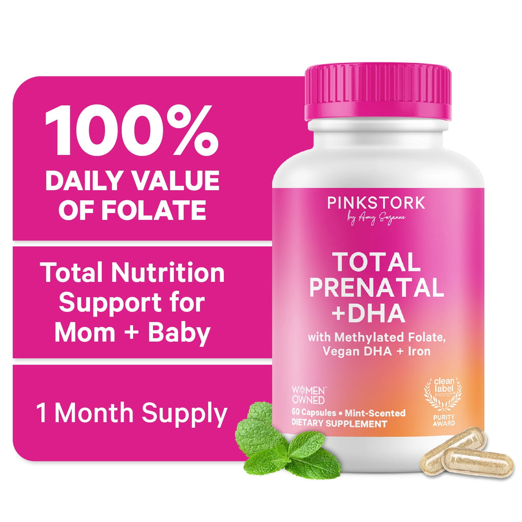 Pink Stork Total Prenatal Vitamins with DHA, Biotin, Folate, Choline, Iron - Non GMO, 60 Daily Capsules