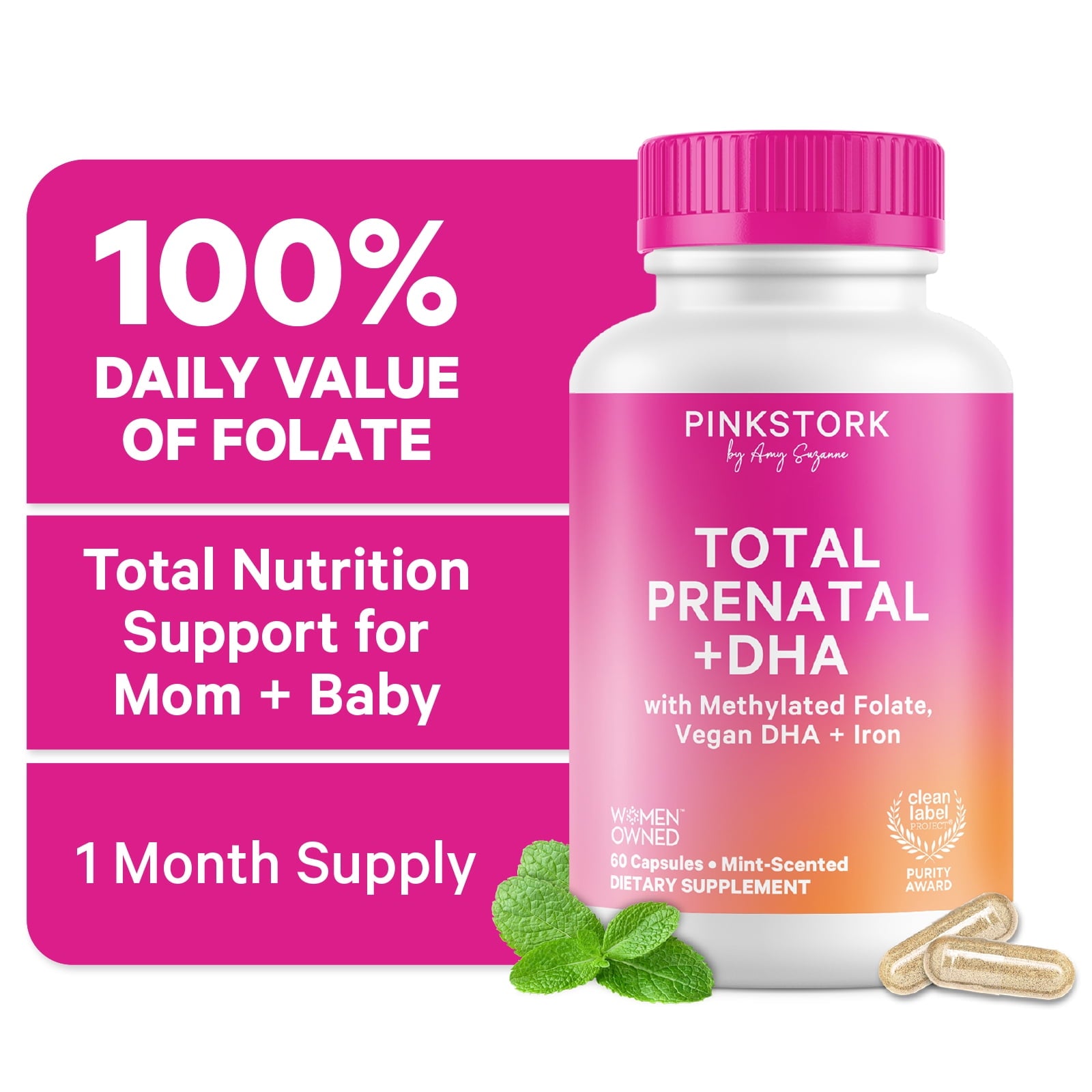 Pink Stork Total Prenatal Vitamins with DHA, Biotin, Folate, Choline, Iron - Non GMO, 60 Daily Capsules