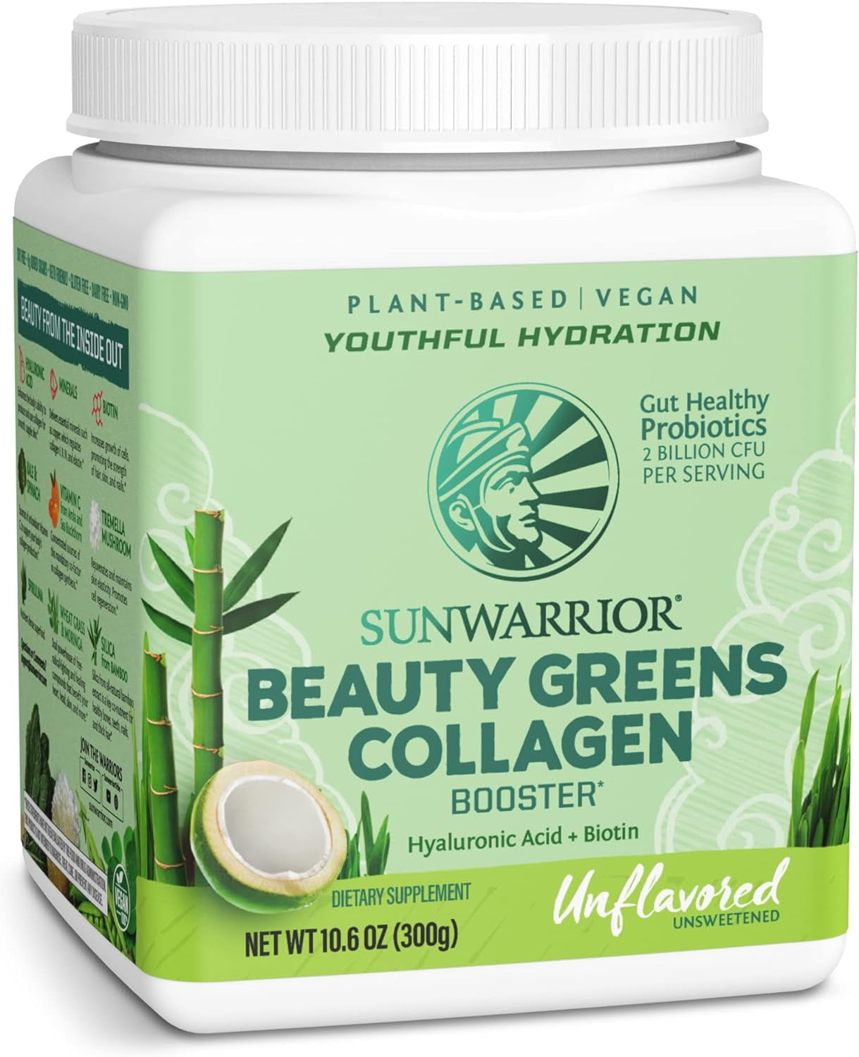 Sunwarrior Beauty Greens Collagen | Unflavored Collagen Boost Powder with Hyaluronic Acid and Biotin, 300g