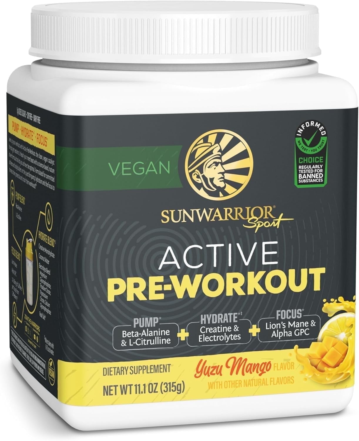 Sunwarrior Active Pre-Workout Powder for Men &amp; Women, Yuzu Mango, 315g (30 Servings)