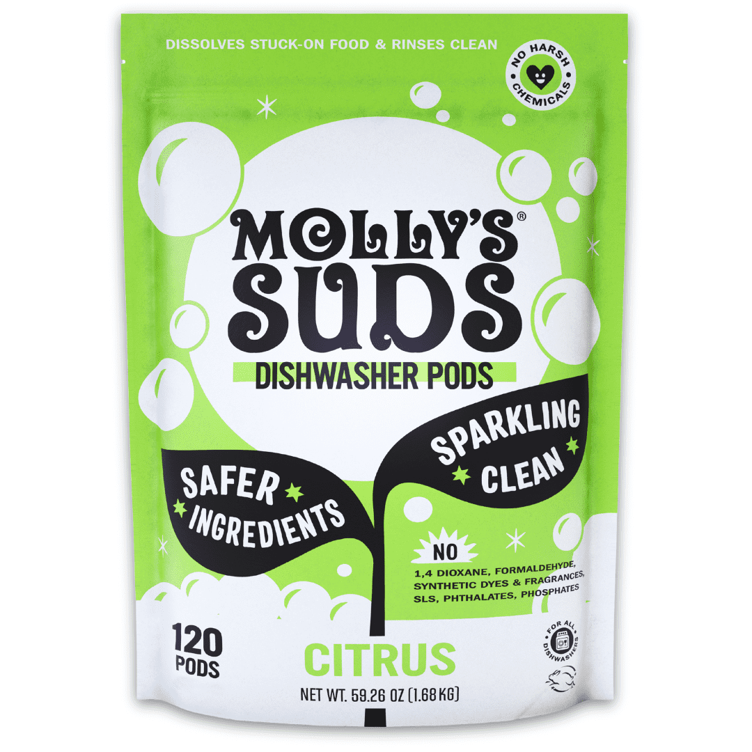 Molly's Suds Dishwasher Detergent Pods | Cuts Grease &amp; Rinses Clean (Residue-Free) | 60 Auto-Release Tabs (Citrus)
